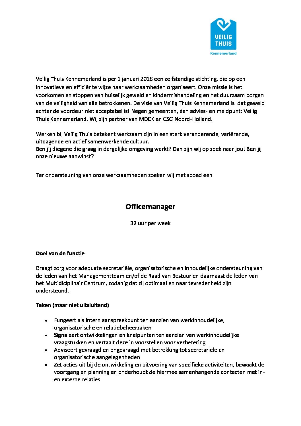 Vacature Officemanager – Veilig Thuis Kennemerland